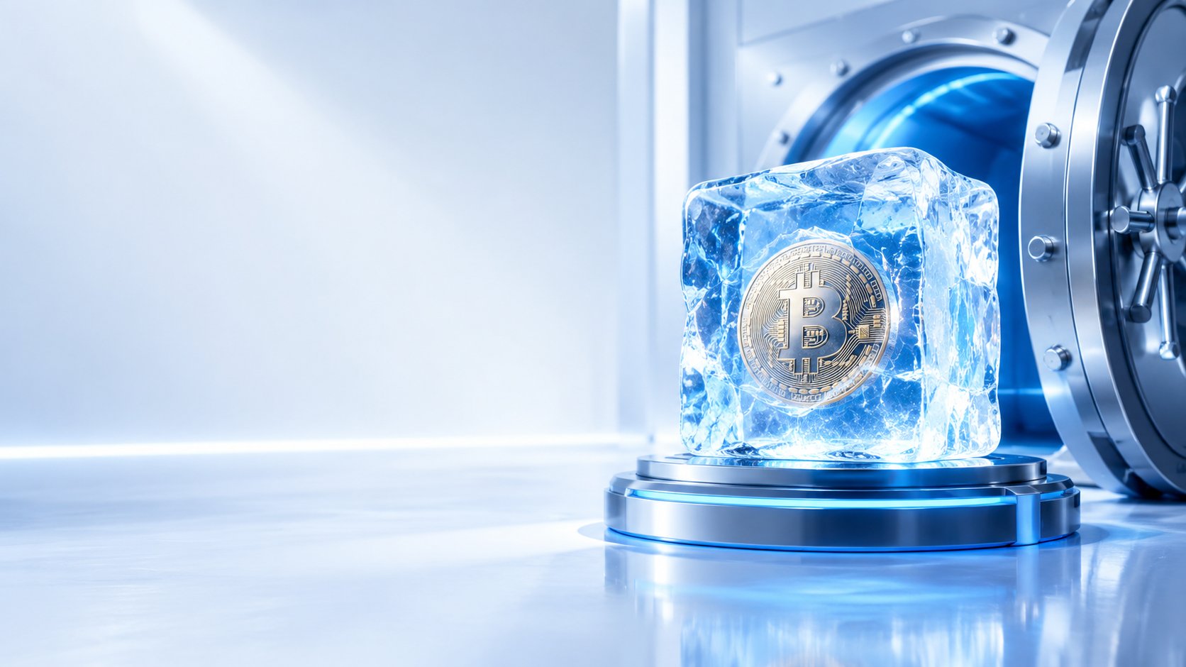 Frozen ice block encasing a crypto coin in a secure vault