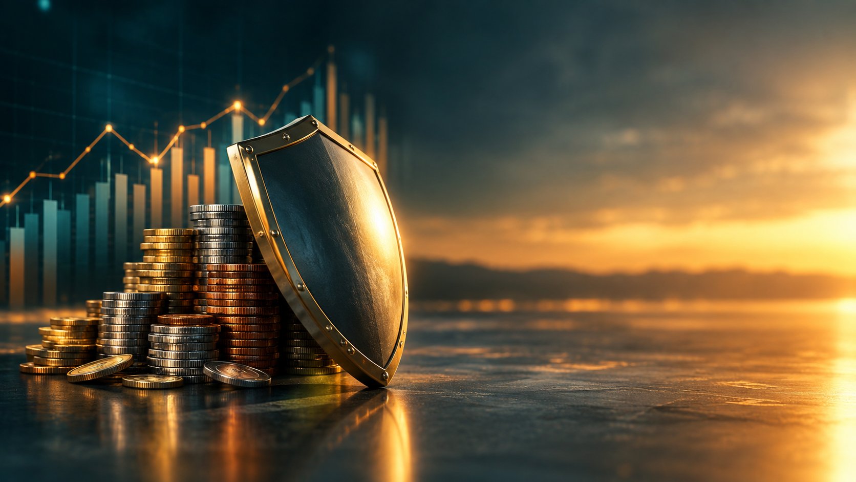 Shield protecting a stack of mixed currency coins with a chart behind