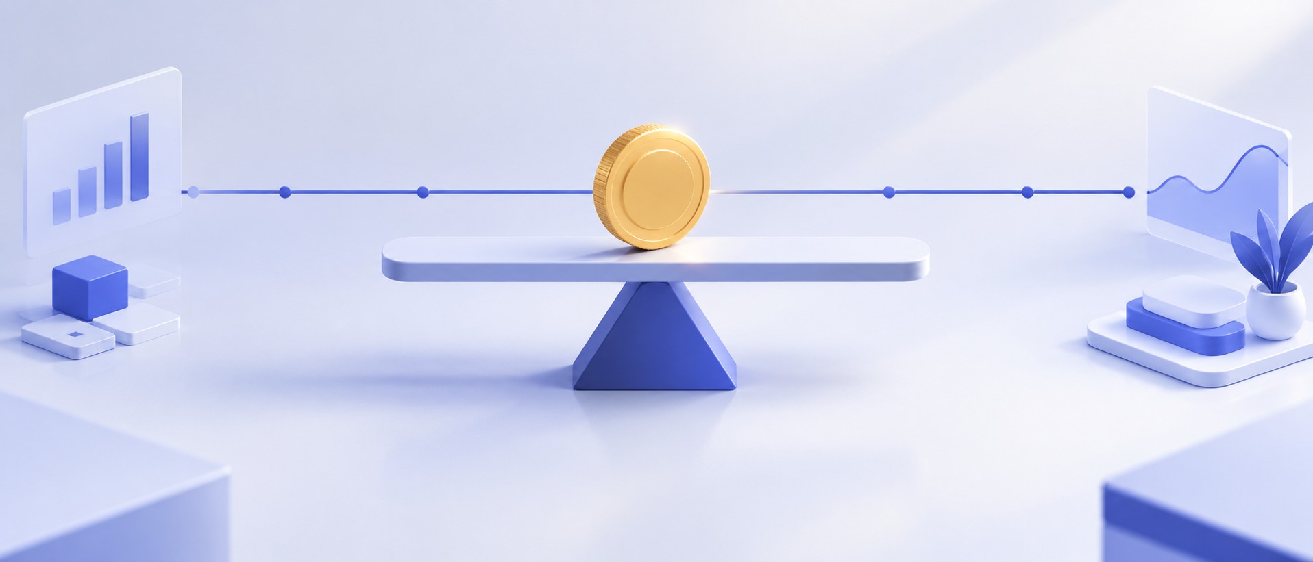 Coin resting perfectly level on a balance beam with a flat price line